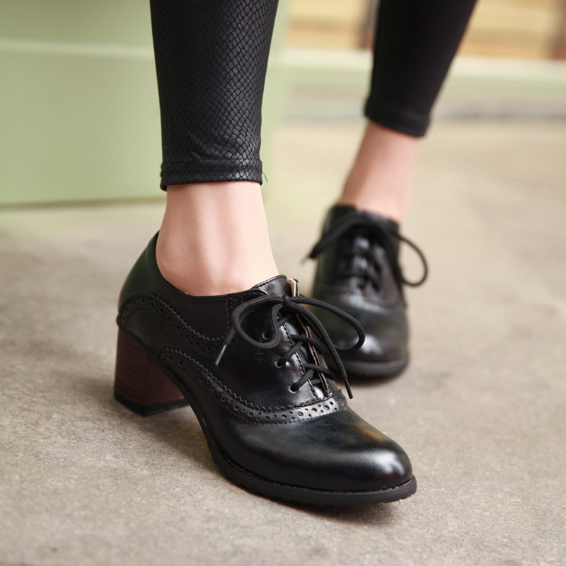 Brogue Womens Oxford Lace Up Wing Tip Retro Mid Chunky Heel Slip On